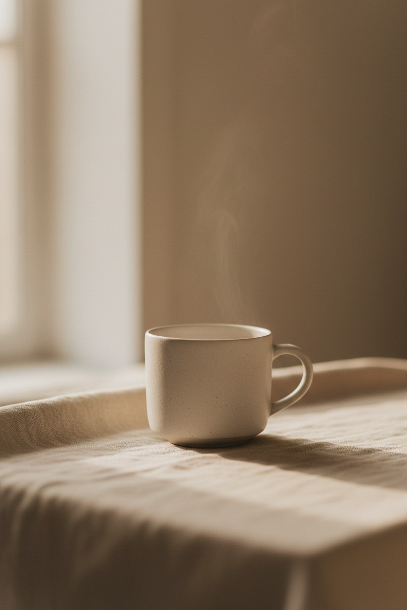 Eine dampfende, beigefarbene Tasse steht auf einem hellen Stofftuch vor einem Fenster.